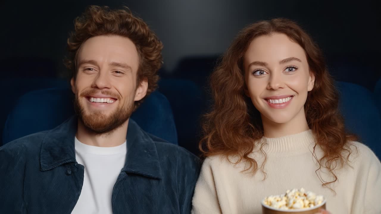 Un'esperienza cinematografica gioiosa: una coppia che condivide sorrisi e popcorn in un cinema, catturando l'essenza del divertimento e della complicità in momenti cinematografici