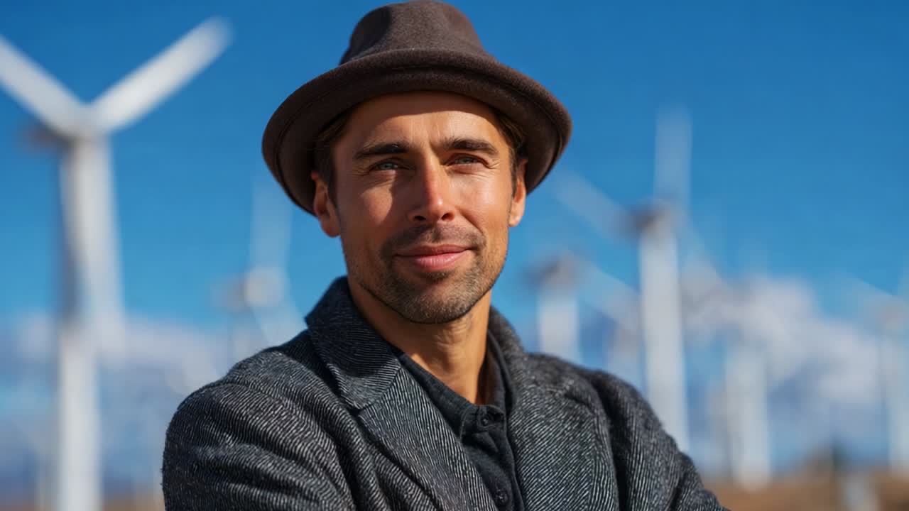 A confident man with a friendly smile stands in front of a picturesque wind farm, showcasing a harmonious blend of renewable energy and natural beauty, embodying sustainability and environmental awareness