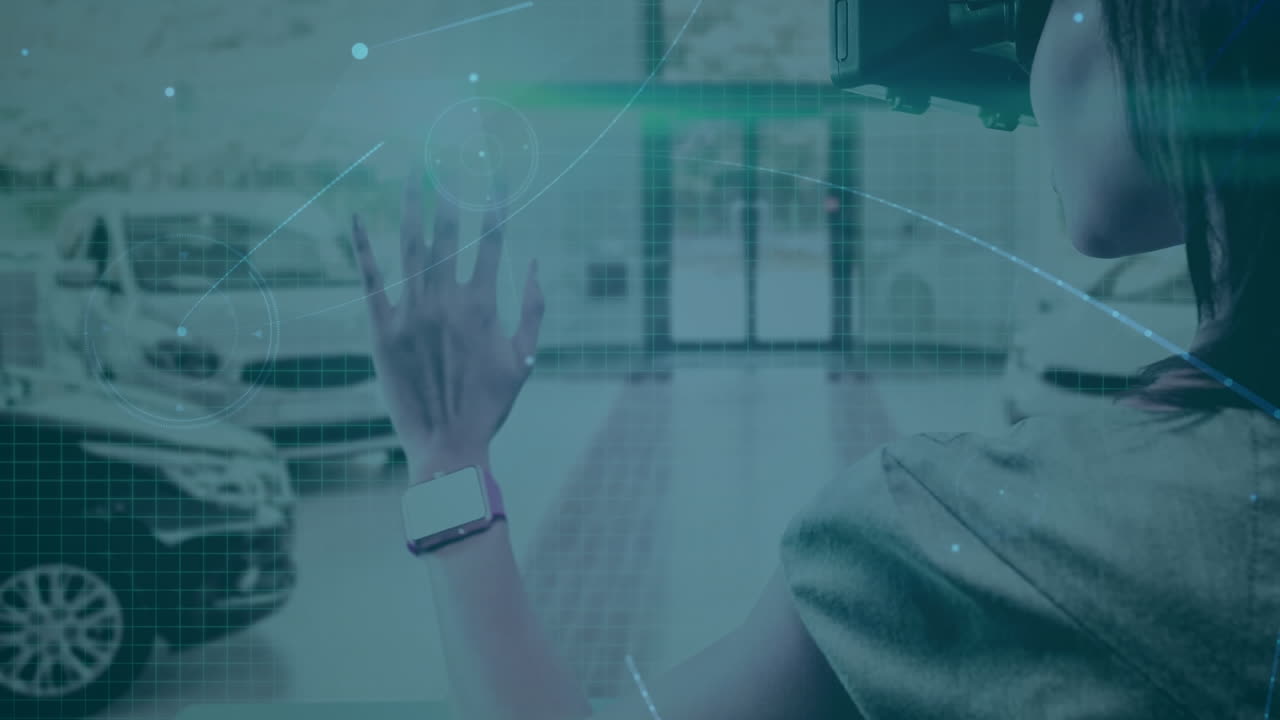 сеть соединений против женщины, носящей vr наушники на парковке