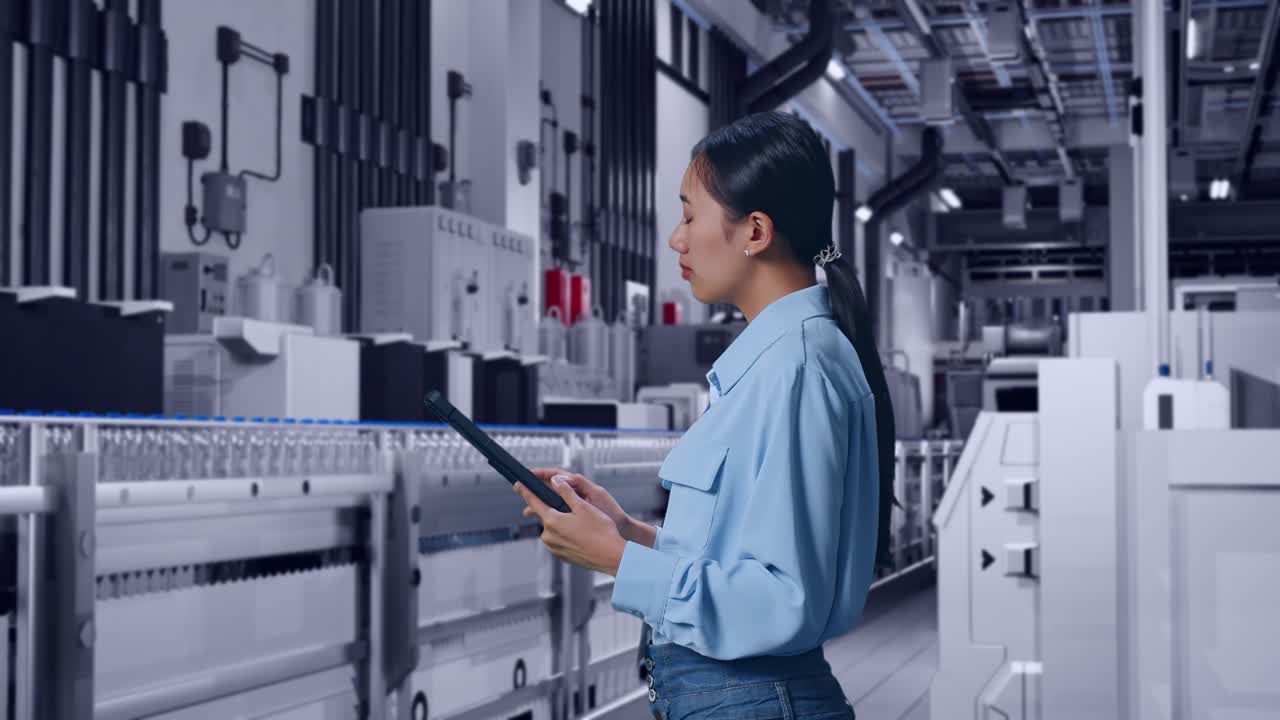 Side View Of Asian Female Professional Worker With Water Production in Bottling Factory, Observes By Looking Up Before She Come To Concentrating On The Tablet And Keep On Checking