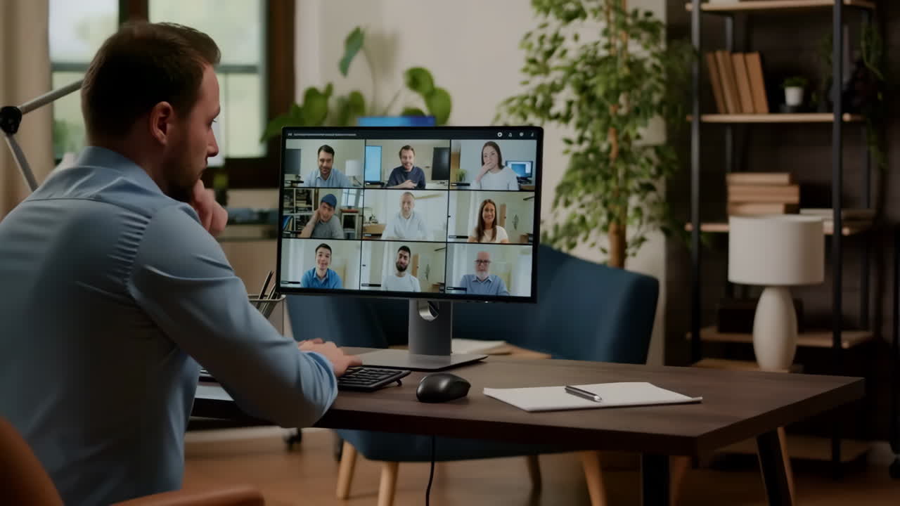 Man participating in a video conference call from his home office