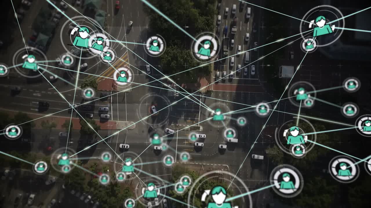 Central teal node appearing in roundabout, sending lines and ripples while mapping urban network