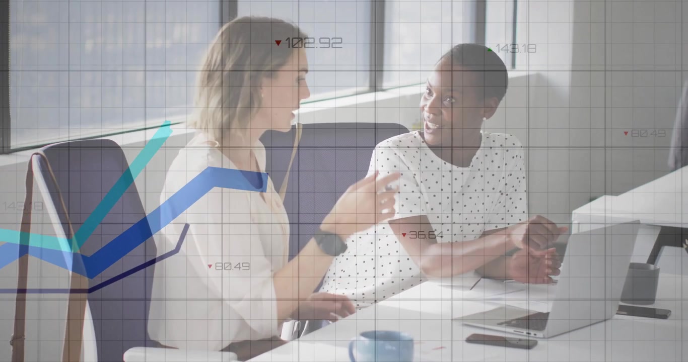 Blouse-wearing woman explaining dip then rise, animating chart while colleague reacting in business