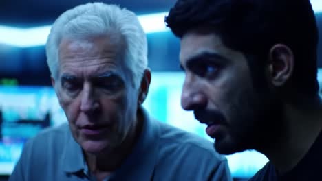 a tense moment of collaboration: two professionals analyzing complex data in a high-tech control room, highlighting the importance of teamwork and communication in critical situations