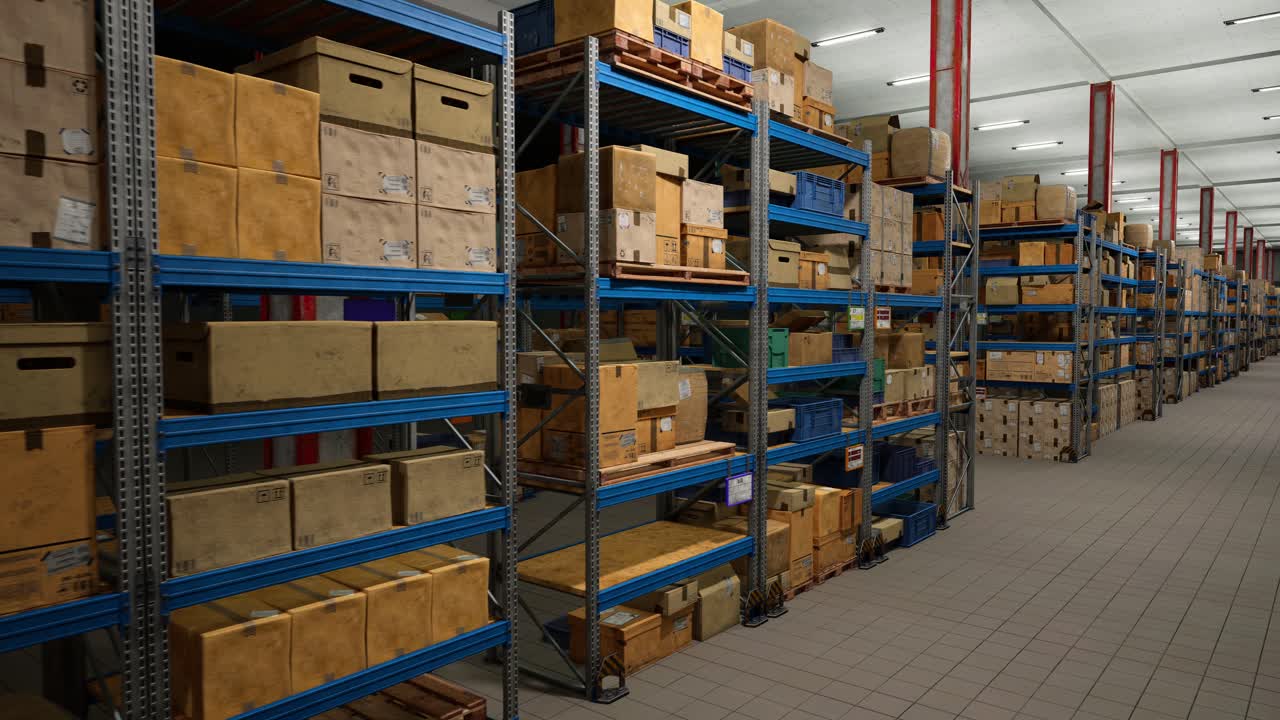 Industrial Warehouse Filled With Storage Boxes Labeled For Shipment, Distribution Center Storing Cargo For Import Export Industry