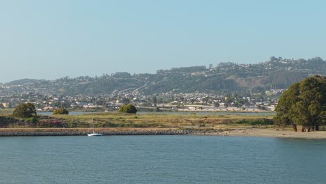 an aerial left to right panning view of the albany bulb in albany california.