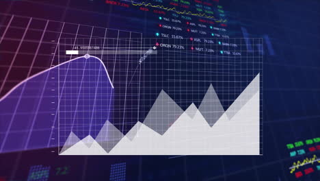 Animación-De-Múltiples-Gráficos-Y-Tablero-De-Comercio-Moviéndose-Sobre-Fondo-Abstracto