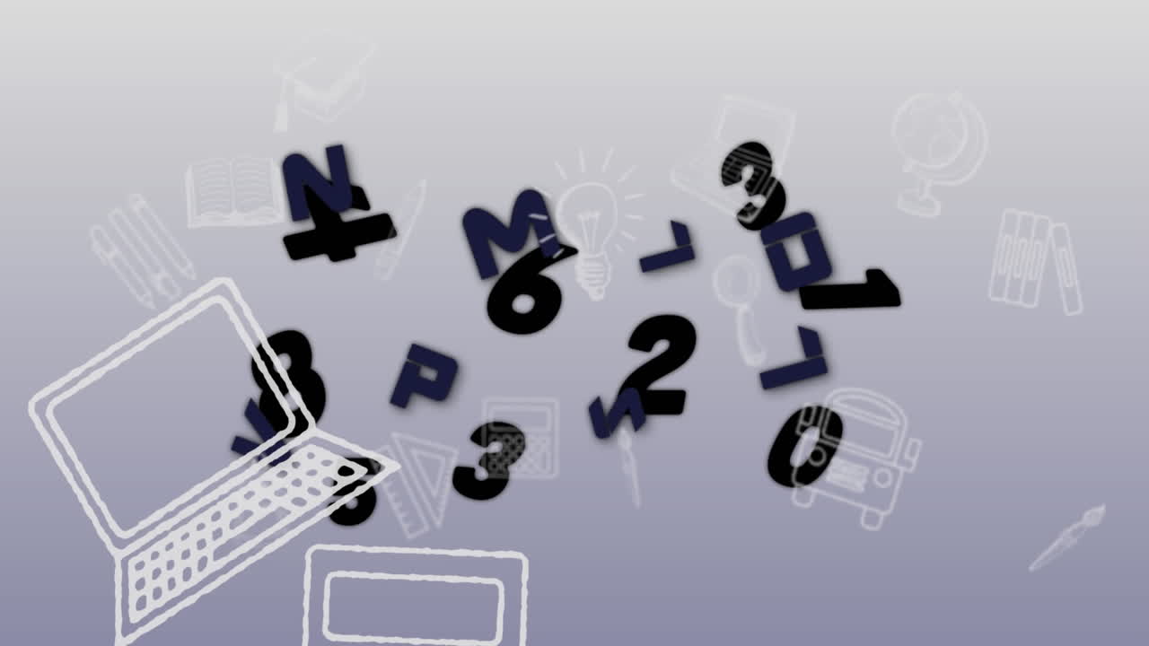 animación de números y letras negras cambiantes y objetos escolares en movimiento sobre un fondo gris