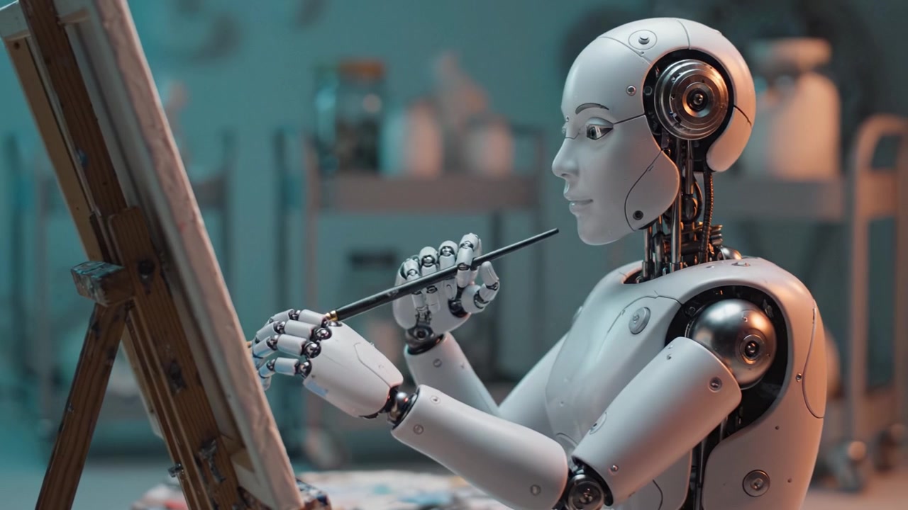Un artista robot umanoide futuristico che dipinge meticolosamente su un cavalletto, mostrando l'intersezione tra tecnologia e creatività in un ambiente vibrante e artistico.