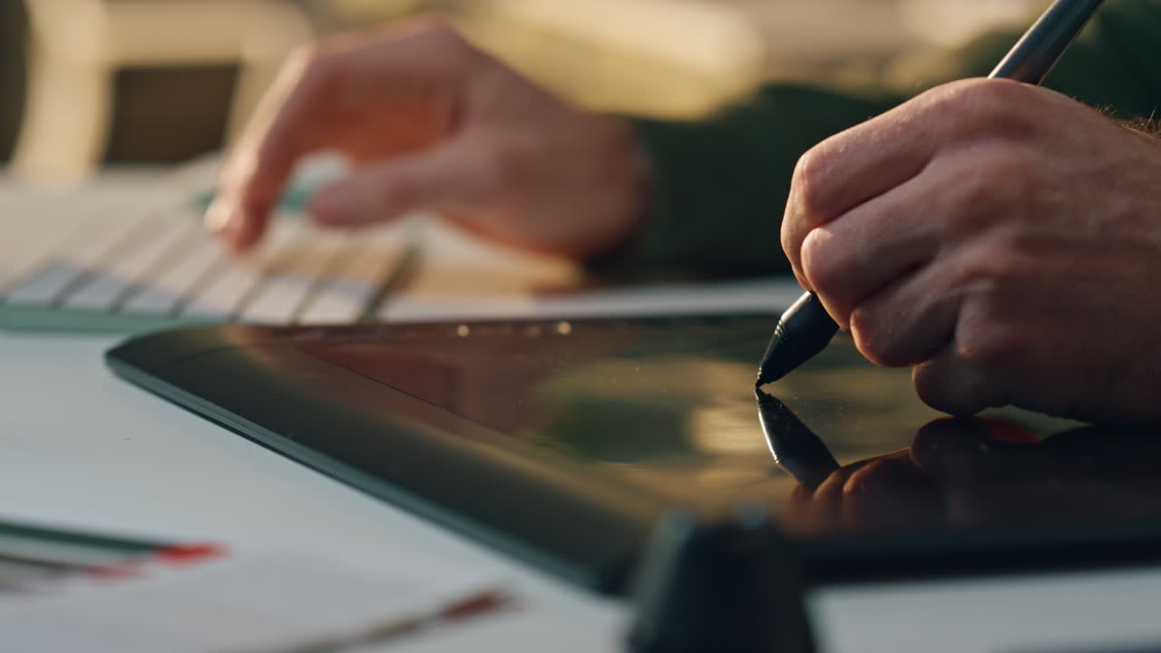 hombre dibujando a mano lápiz digital tableta gabinete de primer plano. artista escribiendo teclado