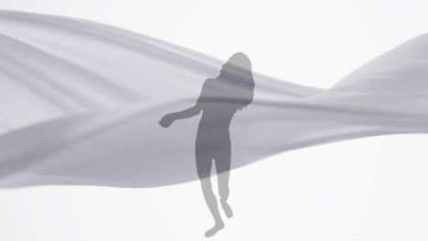 animation of silhouette of woman dancing and floating cloth on white background