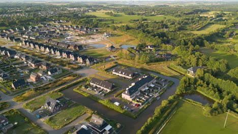Aerial-drone-shot-above-the-city-of-Leek-province-of-Groningen,-Netherlands