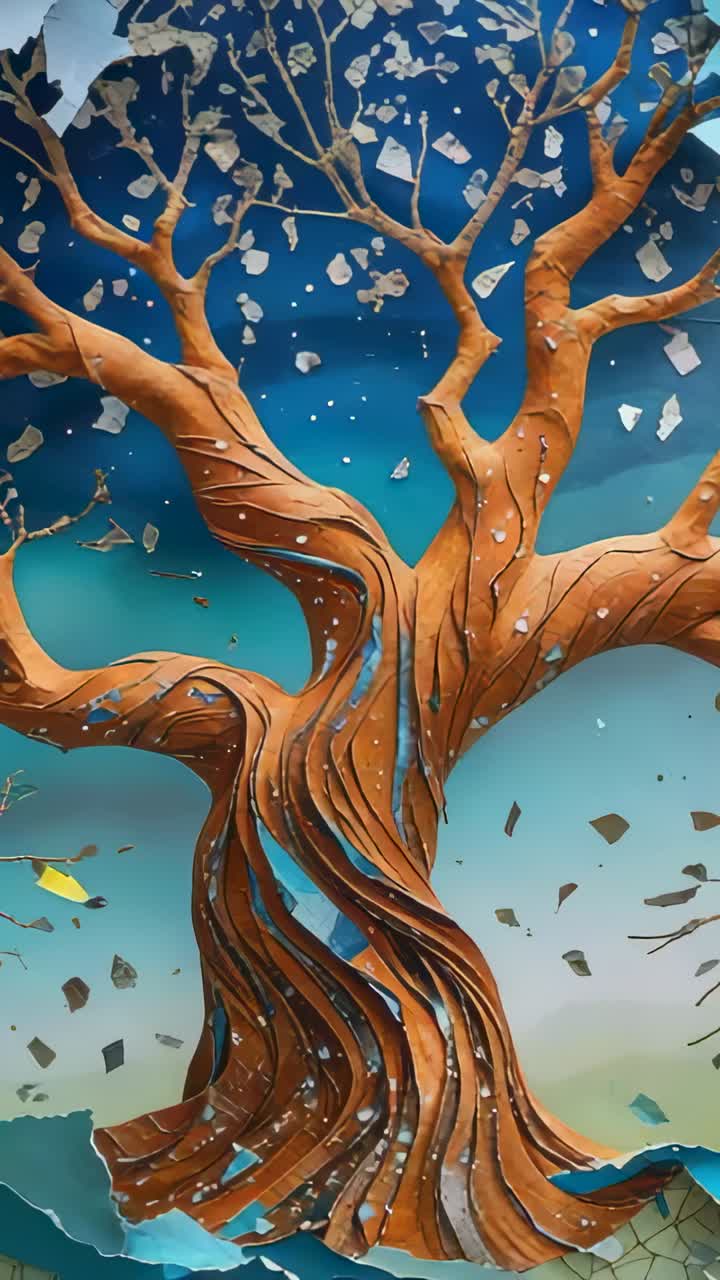Vertical video: Rotating paper tree revealing trunk against gradient, drifting clouds and fragments