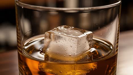 a close-up of a whiskey glass featuring a single ice cube, capturing the bubbles and rich color of the drink in two frames