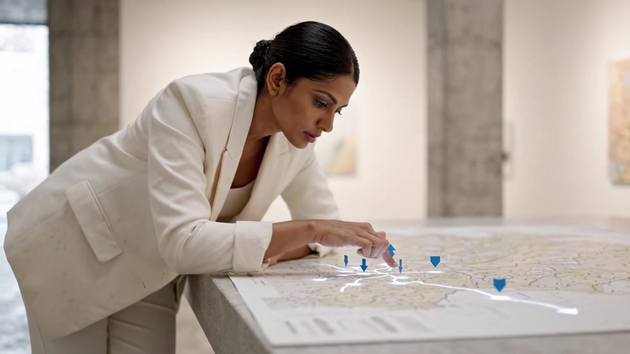 Mulher Focada Analisando Mapa Interativo em Galeria de Arte Moderna, Engajada em Exploração Detalhada e Planejamento de Percursos com Marcadores Digitais Destacados
