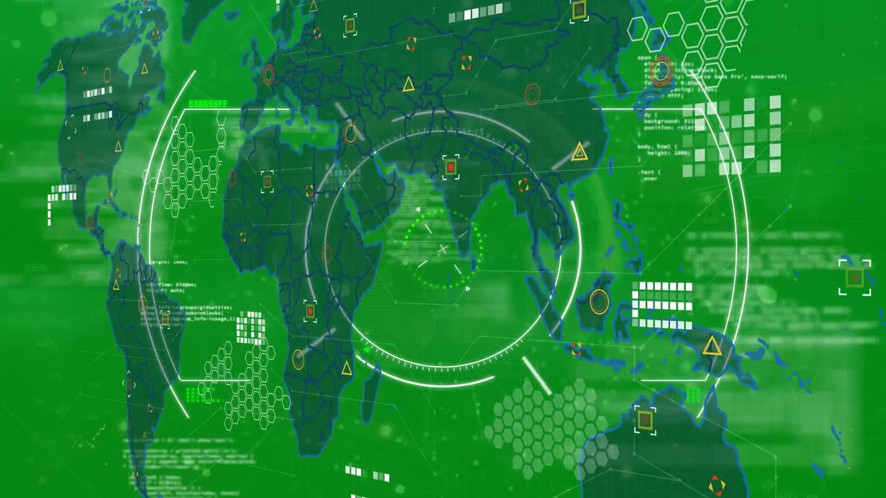 세계 지도 위의 범위 스캐닝, 데이터 처리 및 마커의 애니메이션