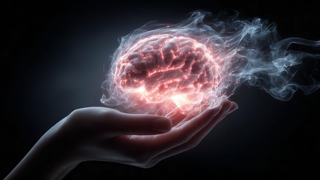 A Stunning Visual Representation of the Human Brain, Encased in Wisps of Ethereal Smoke and Cradled Gently in an Outstretched Hand, Symbolizing Thought and Intellect