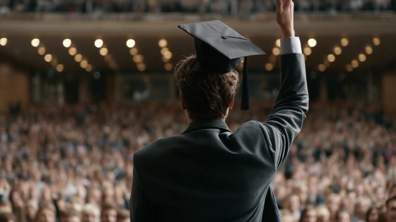 Cerimonia di Laurea: Uno Studente Celebra il Successo Davanti a un Pubblico Entusiasta, Sottolineando i Traguardi Raggiunti e i Nuovi Inizi con la Gioia della Proclamazione