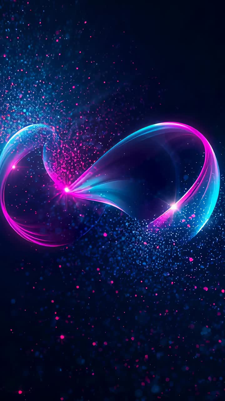 Vertical video: Pulsing magenta node starting neon loop unfurling over starfield, glowing particles
