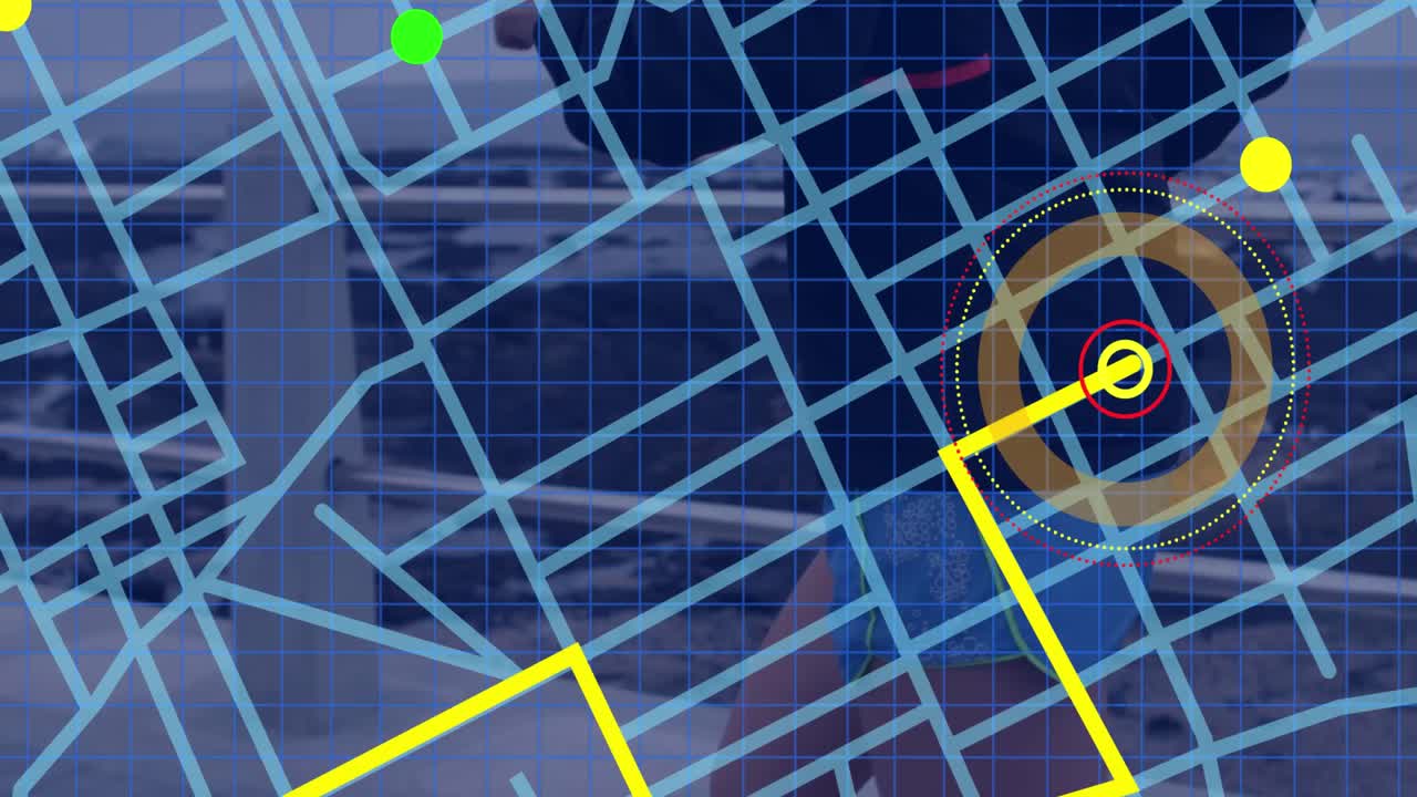 esquema de la línea de navegación del mapa contra la mujer en forma caucásica corriendo en el paseo marítimo