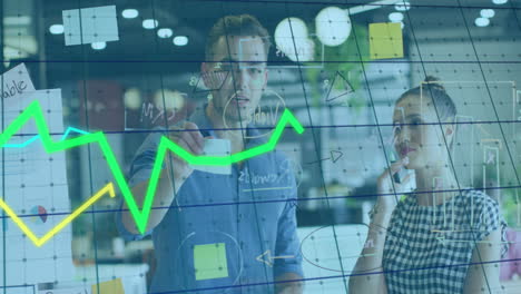 Animation-Mehrerer-Diagramme-über-Verschiedene-Mitarbeiter,-Die-Auf-Einer-Transparenten-Tafel-über-Strategien-Diskutieren