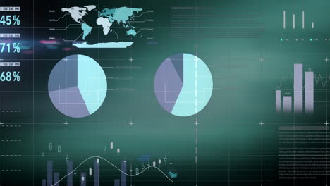 digital animation of financial and statistical data processing against green background