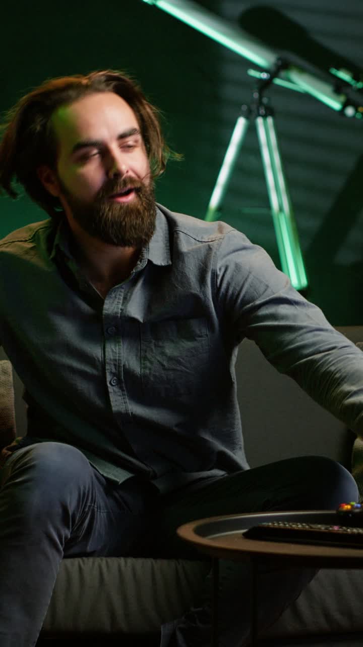 Vertical video Cheerful gamer rushing home to play newly released game