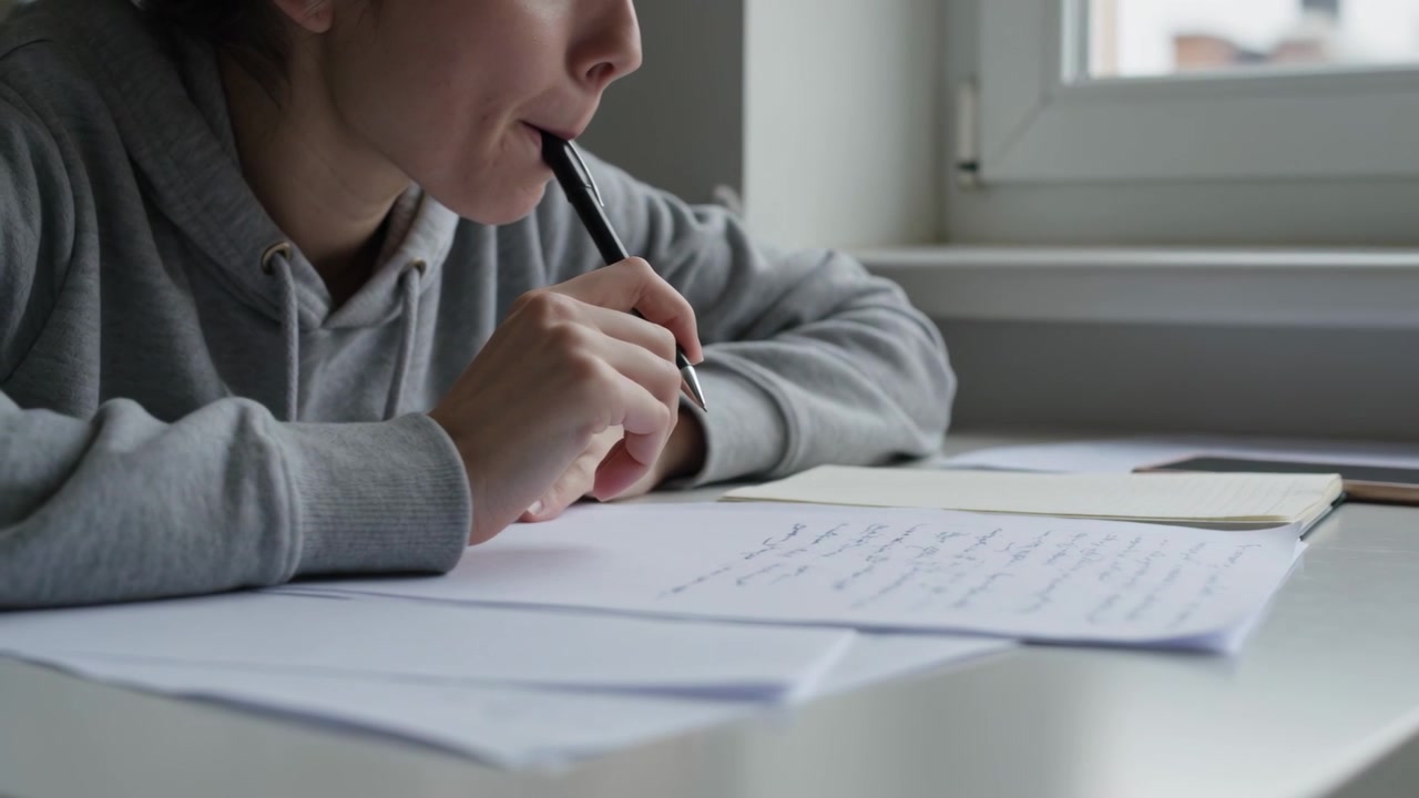 Un estudiante con sudadera gris con capucha hace una pausa en su escritorio de casa, sosteniendo un bolígrafo negro y luego escribiendo en papeles para estudiar.