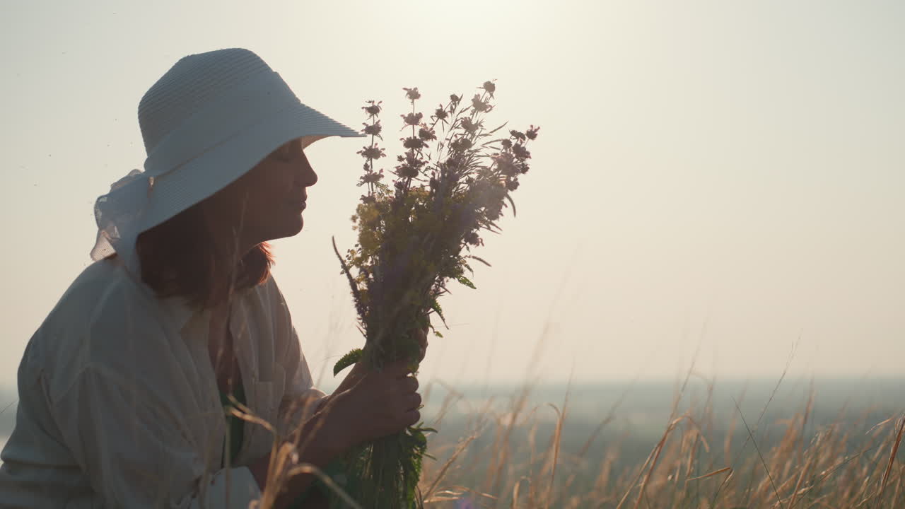 woman in white sunhat squatting in tall grass holding bouquet of wildflowers close to face while gently inhaling scent under soft sunlight with serene sky and golden field background