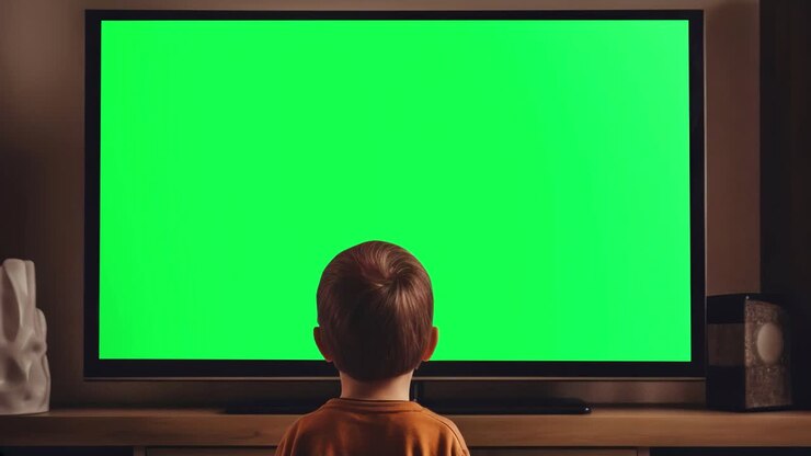 Child watching television screen live mockup animation, transparent 4K video, green screen