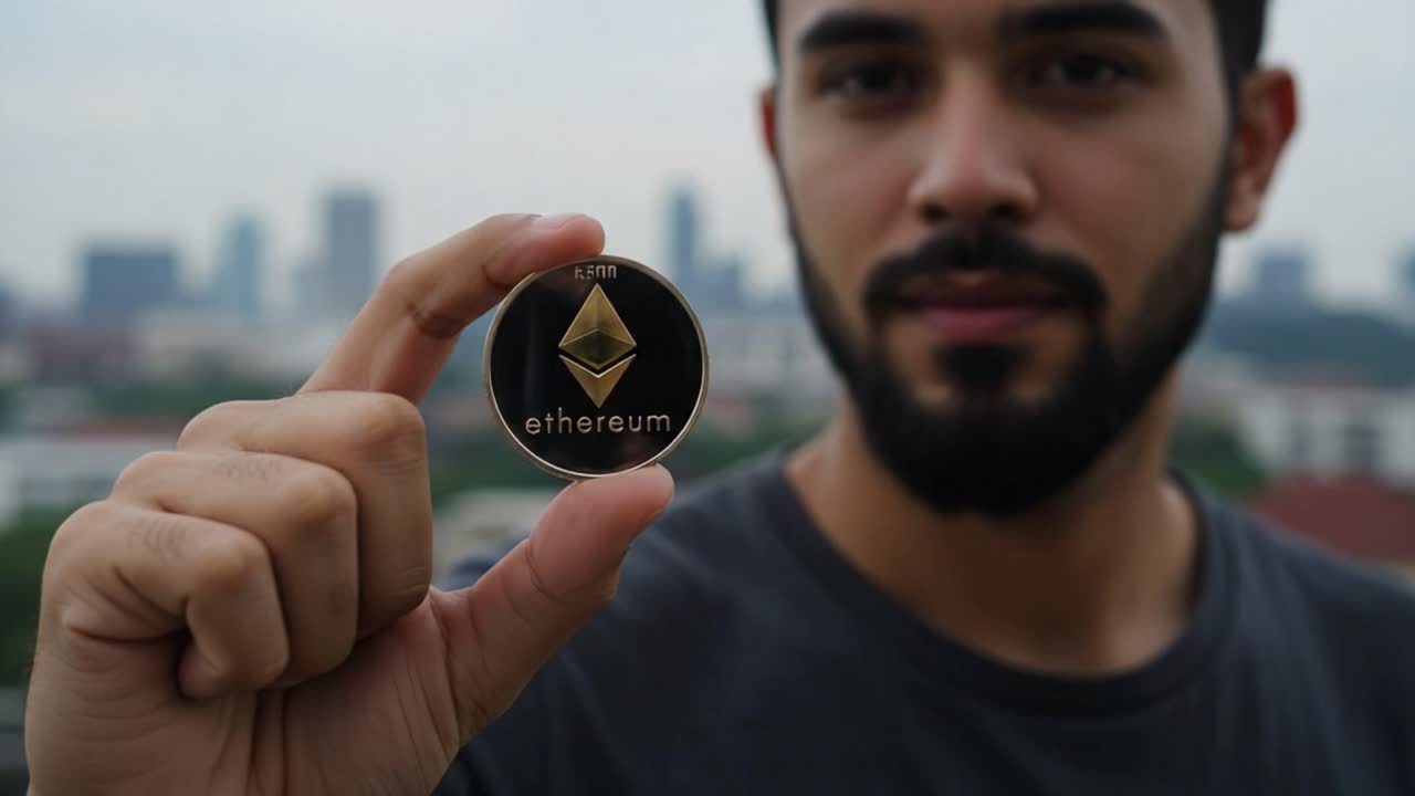 A Cryptocurrency Enthusiast Proudly Displays an Ethereum Coin Against a Cityscape Background, Highlighting the Growing Popularity of Digital Assets in Modern Finance