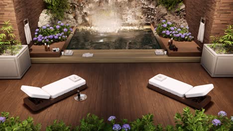 Spa-De-Bienestar-4-Con-Piscina-Interior,-Cascada,-Flores,-Toallas,-Rocas-Curativas-Y-Cremas-De-Tratamiento-De-Spa-En-Superficie-De-Madera,-Durante-El-Día,-Animación-3d,-Tratamiento-De-Salón-De-Spa,-Relajación