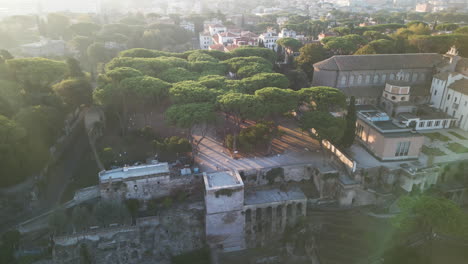 Sunflare-brightens-as-drone-orbits-around-old-historic-brick-wall-overlook-point