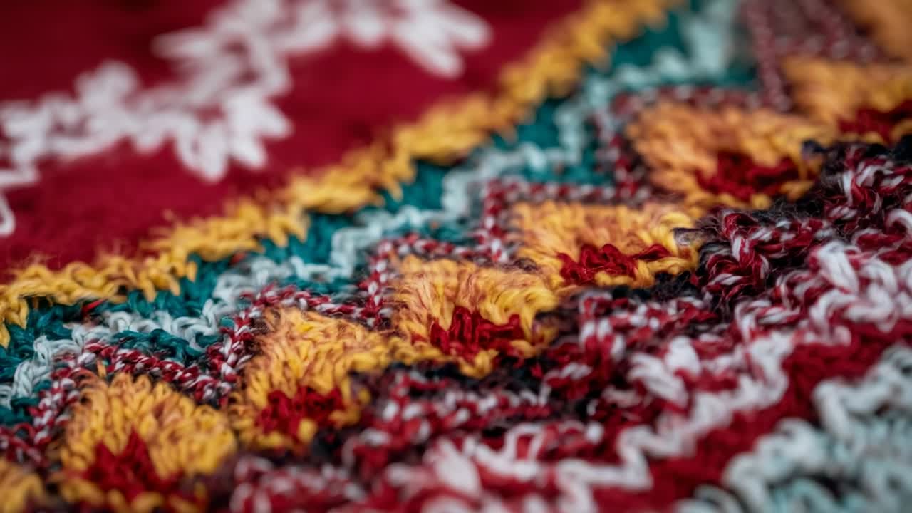 Camera starting panning knitted textile at studio racking focus, revealing yarn and snowflake motif