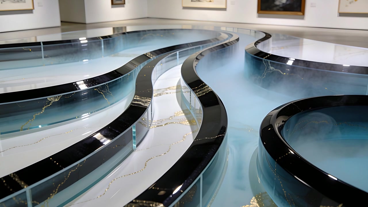 Gliding camera revealing sculpture in gallery, pale-blue vapor filling black glass channels