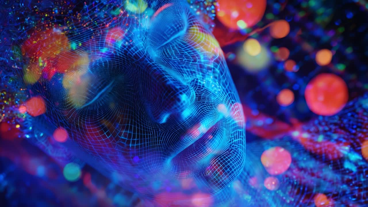 A mesmerizing exploration of a digital abstraction featuring a radiant, interconnected face set against a backdrop of vibrant colors and glowing particles that evoke a sense of futuristic artistry