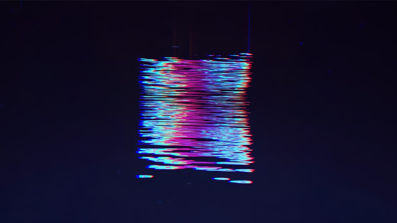 Animating square showing rainbow bands rippling, glitch smearing slices, faint line on dark screen