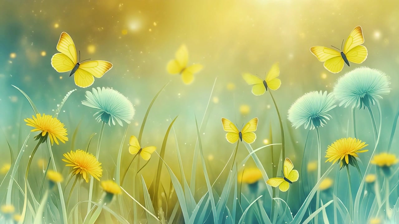 Yellow Butterflies Flying Over Dandelions in a Sunny Meadow