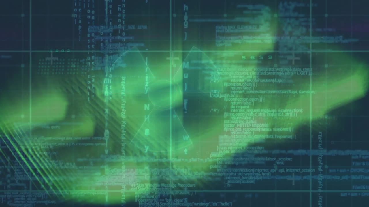 Animation of green shapes over data processing on navy background