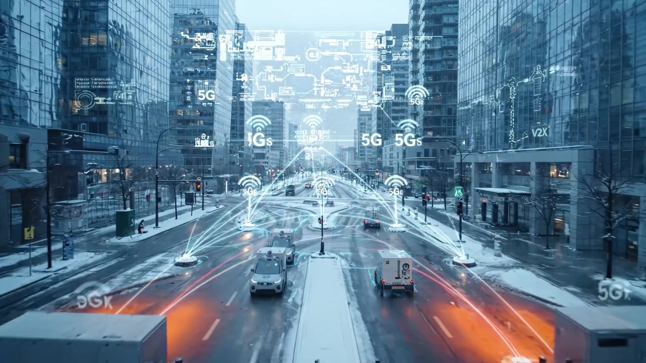 Un Paesaggio Urbano Innevato Potenziato dalla Tecnologia 5G: Uno Sguardo al Futuro delle Smart City e della Connettività in Condizioni Invernali