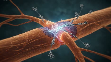 an intricate close-up of neuronal connections highlighting synaptic activity and the complex interactions of neurotransmitters in the nervous system