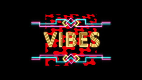 animation of neon vibes text banner over red wavy lines in seamless pattern on black background