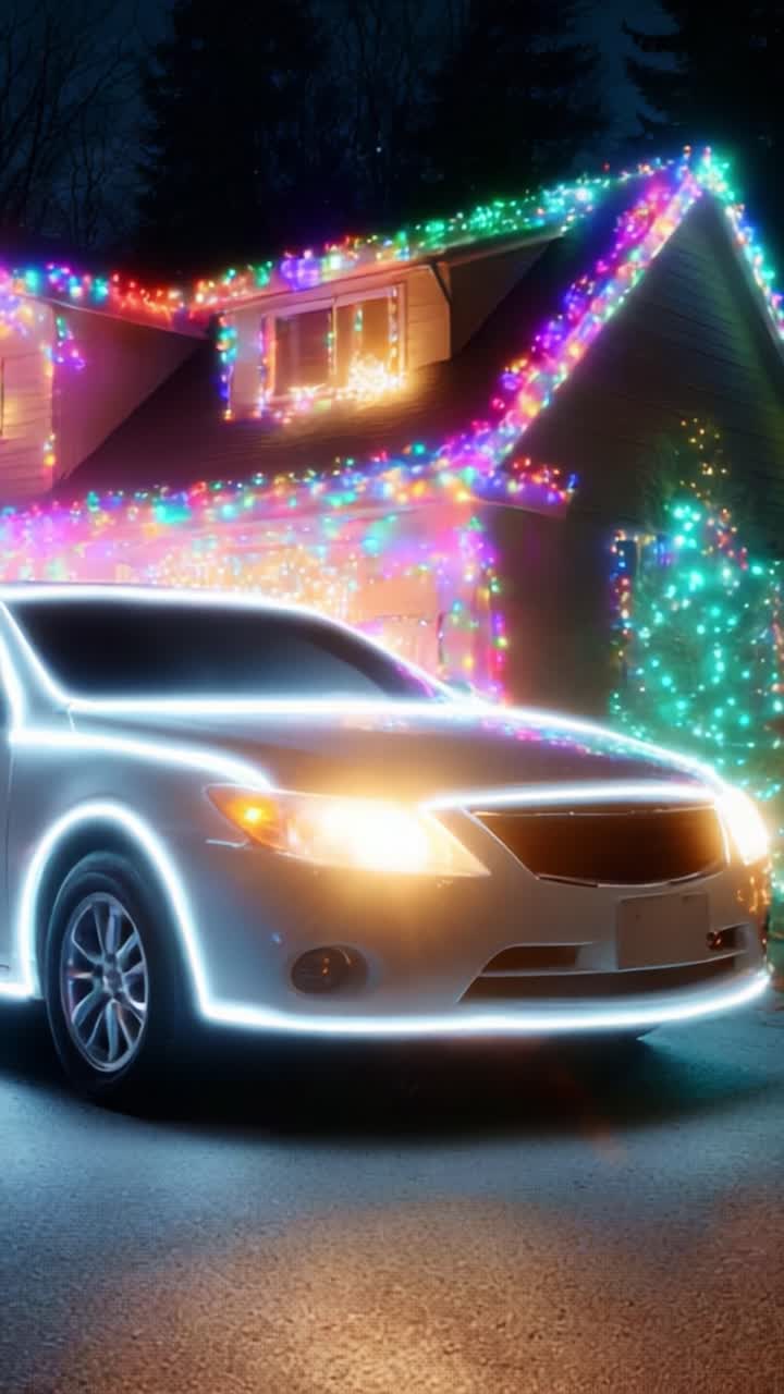 A Vibrant Holiday Scene Featuring a Brightly Lit House Adorned with Colorful Christmas Lights and a Sleek, Illuminated Car Parked in Front, Signifying the Festive Spirit of the Season