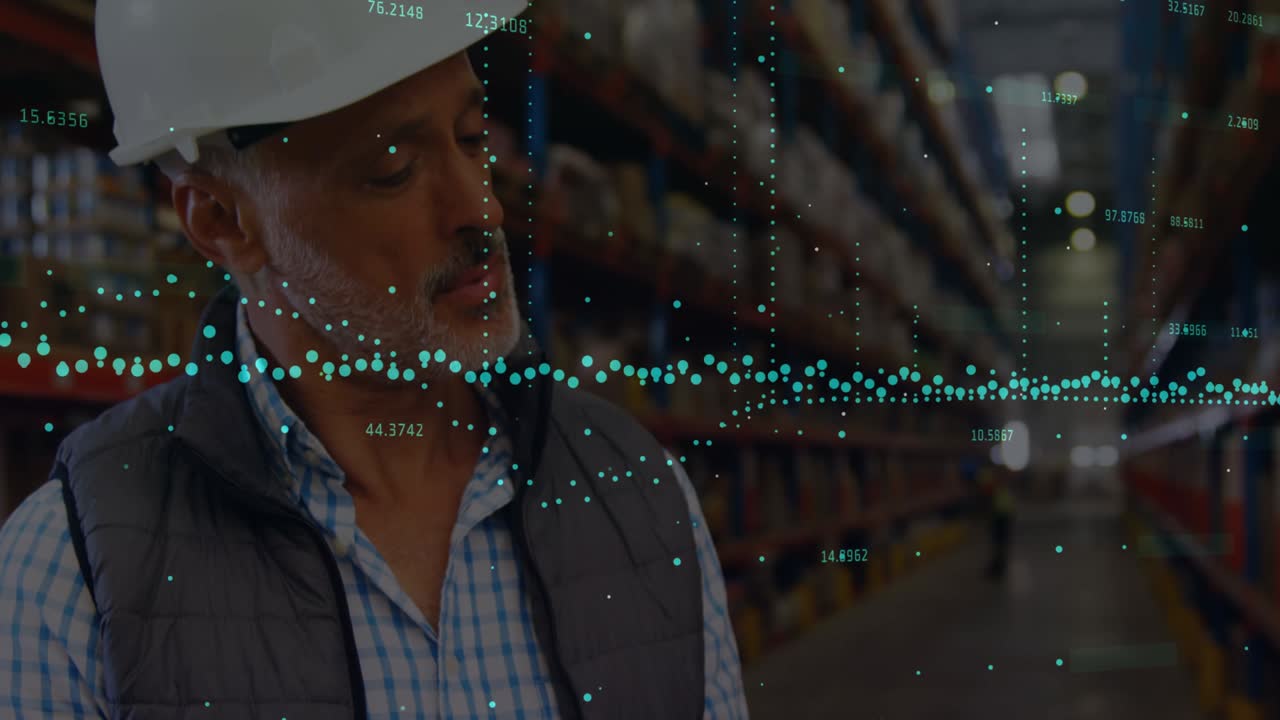 Animation of financial data processing over people working in warehouse