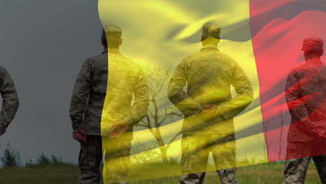 animation of flag of belgium over diverse male soldiers