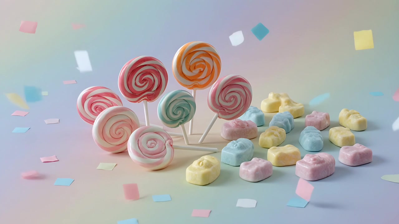 Düşen konfeti, pastel bir masanın üzerinde süzülerek sergilenmek üzere 6 lolipop ve şekerlemenin etrafına yerleşiyor.