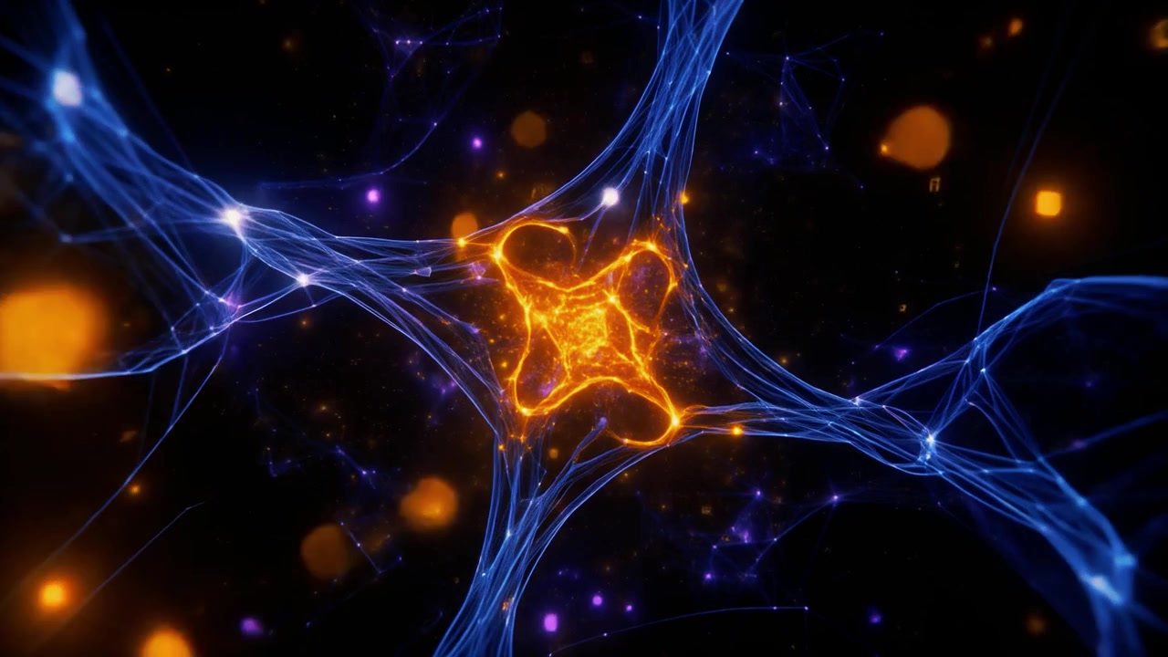 Connessione Astratta di Rete Neurale con Nucleo Arancione Luminoso