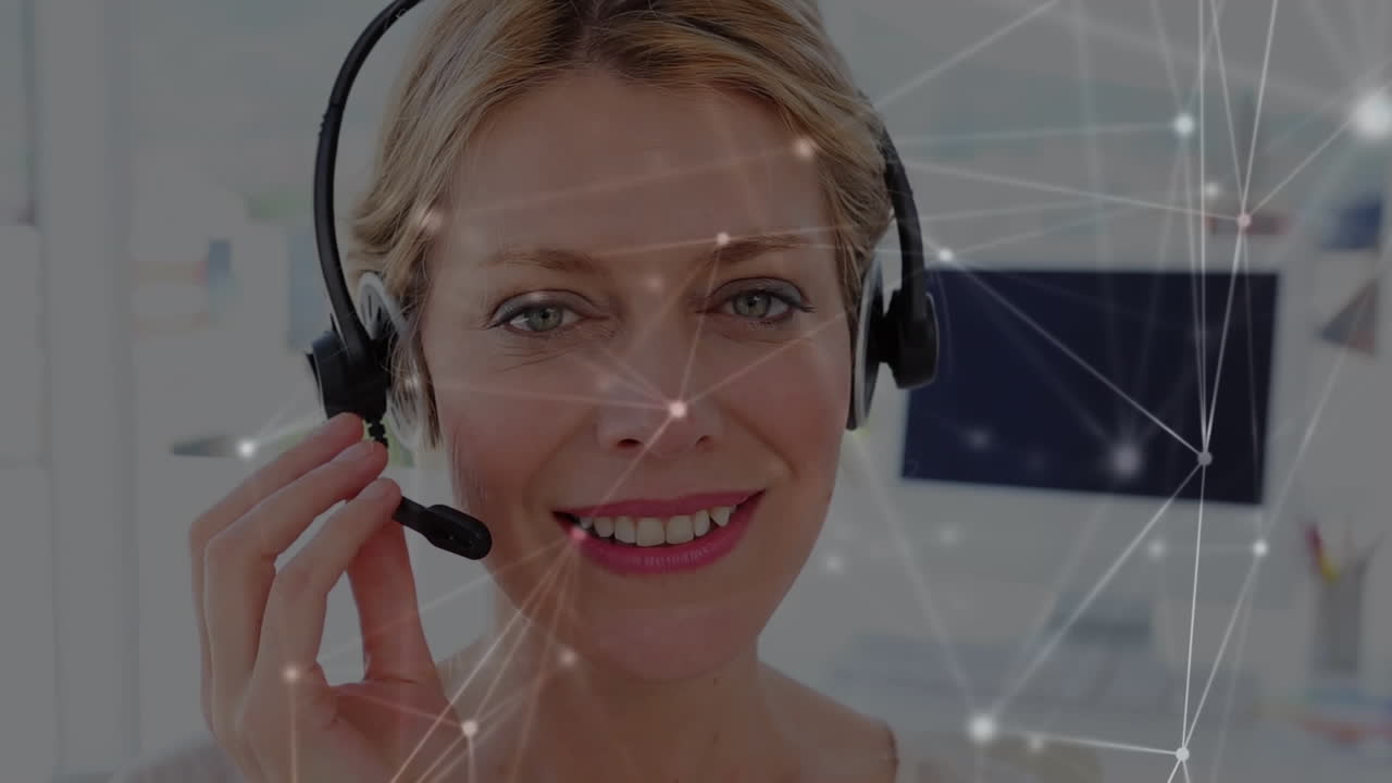 Animation of network of connections over businesswoman wearing phone headset