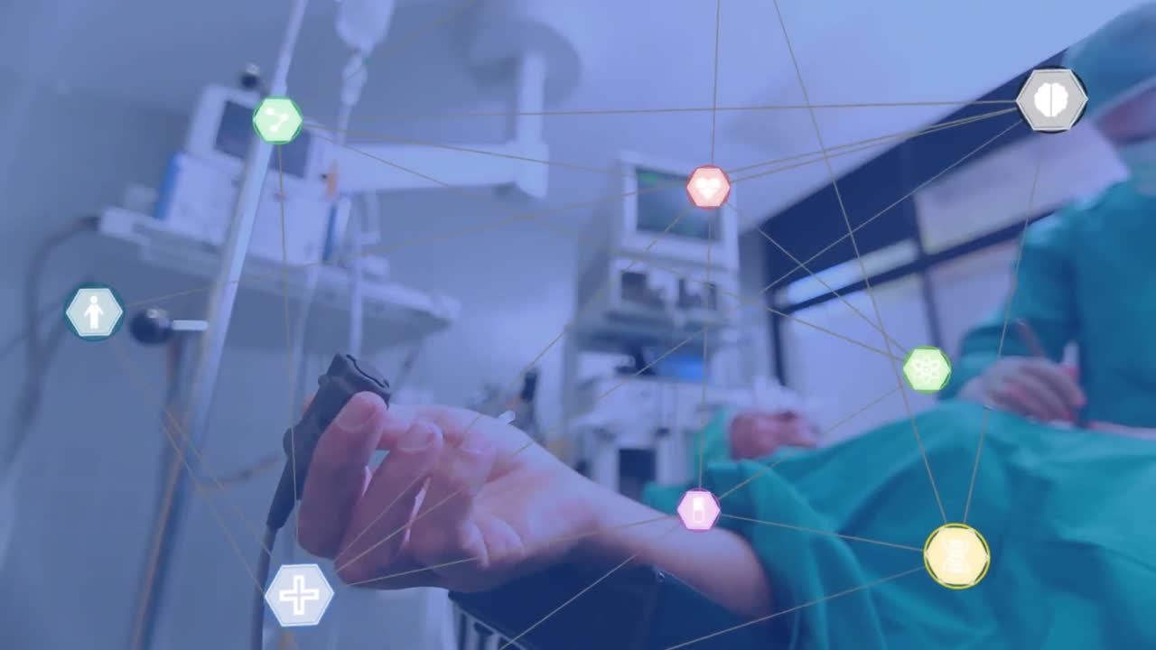 백인 남성 환자와 외과 의사에 대한 연결망을 가진 아이콘의 애니메이션