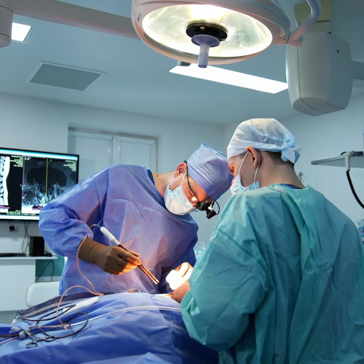 Spinal neurosurgery in process. Two doctors operating the patient in advanced surgical ward. Screen with spine shot at backdrop